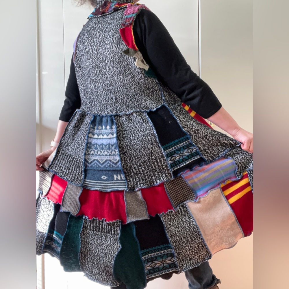 Upcycled Sweater Vest Long Cardi Boho Hippie Tiered Pixie Patchwork Cottage Core - Picture 3 of 14
